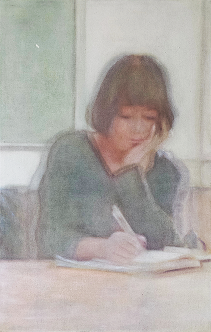 Painting by Pulad Mohammadi of a girl writing